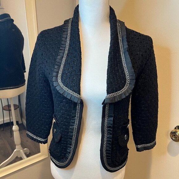 White House Black Market Black textured jacket with silver braiding, Size Small - Picture 1 of 15